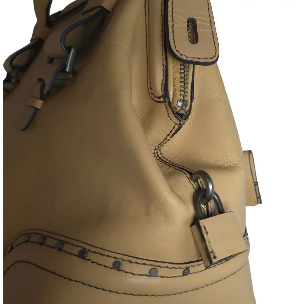 Ellen Tracy Doctor Satchel Camel Leather Structured Top Handle Work Bag Lock Key